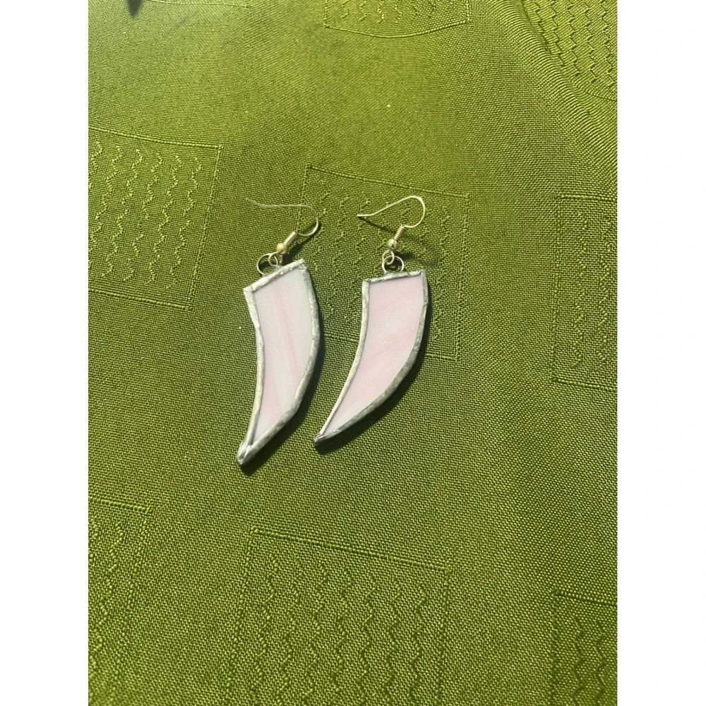 Handmade Stained Glass Tusk Earrings Pink Marbled Claw Dangle Artisan Jewelry